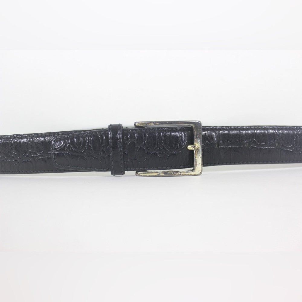 Croc Embossed Texture Print Black Leather Belt Alligator Texture with Silver